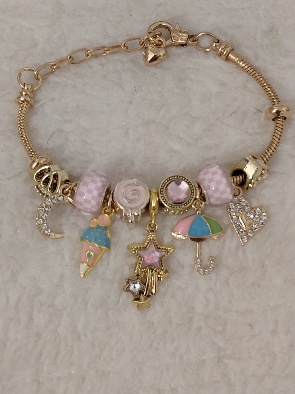 Gold Charm Bracelet with Pastel Pink & Aqua Enamel Charms
